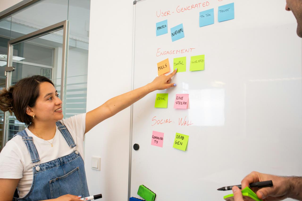 a man and a woman writing on a white board